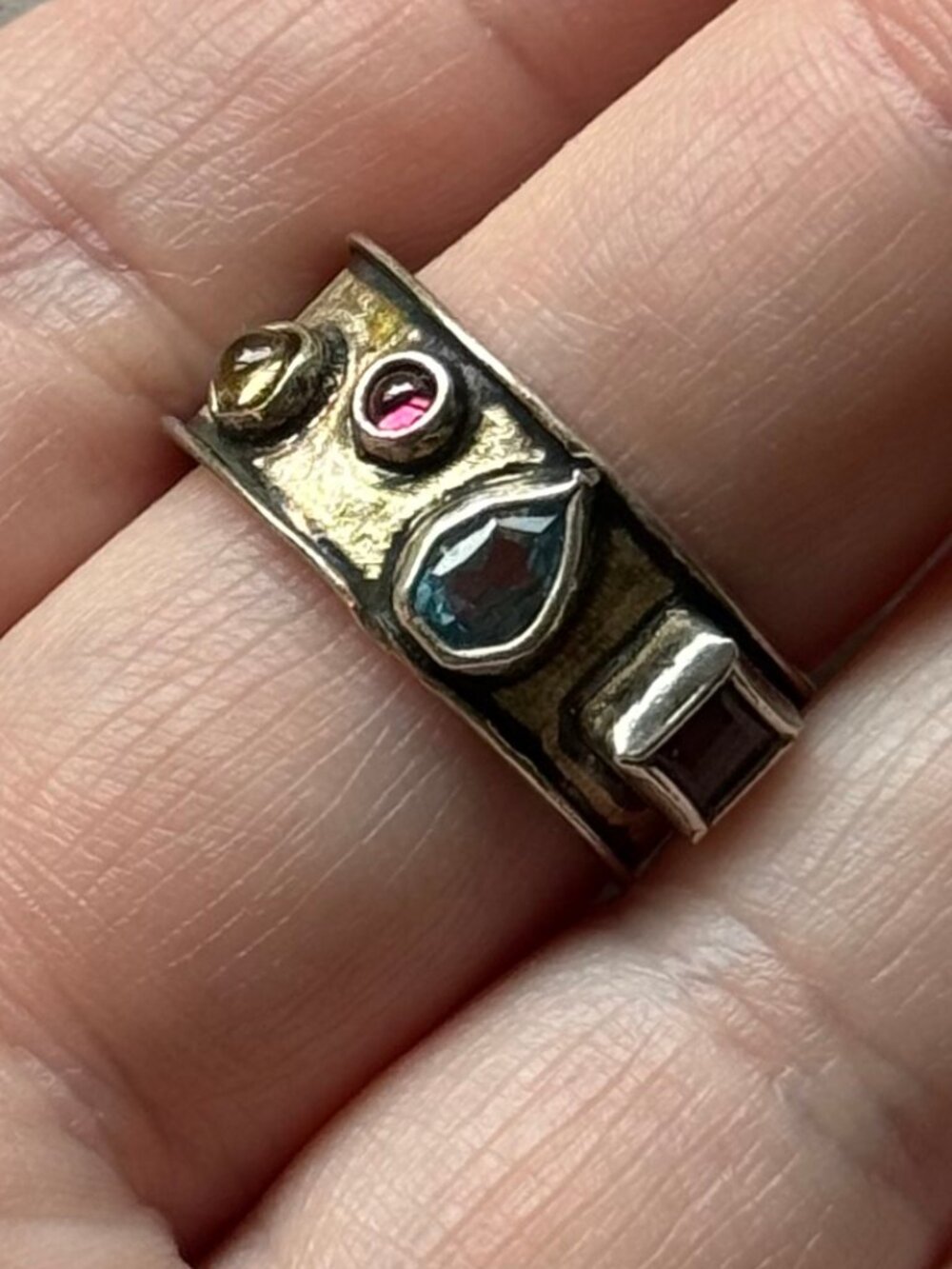Sterling Silver Enameled Gemstone Ring Vintage Artisan Bali Style